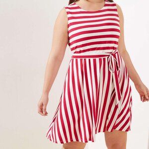 LOFT Plus Striped Tie Waist Flare Dress - Size 16 Plus - Red White Stripe